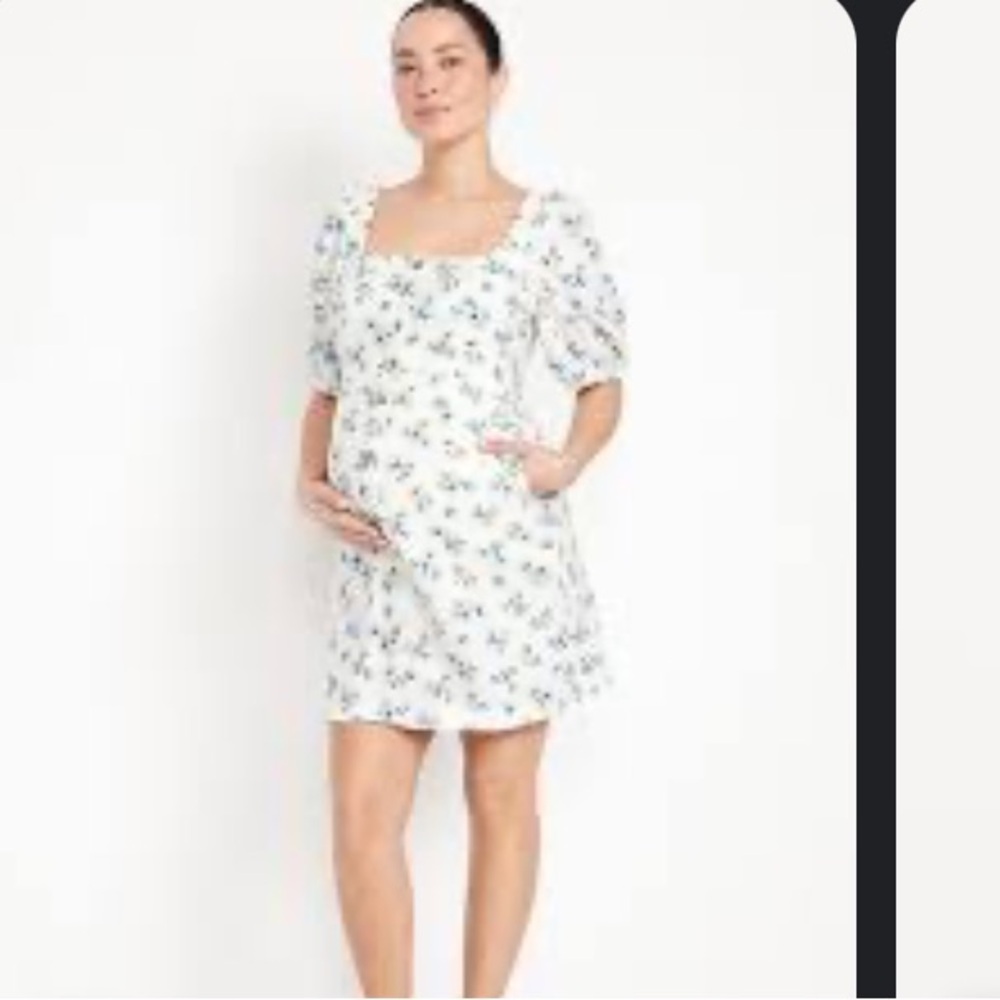Blue Floral Maternity Puff-Sleeve Mini Dress